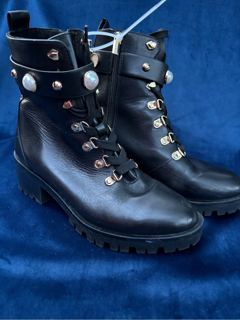 Karl Lagerfeld Black Pearl-Stud Lace-Up Lug Boots size 7 - Picture 3 of 15